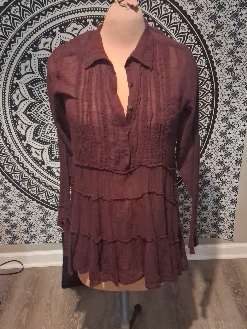 Free People Tiered Pintuck Button-Front Tunic - Plum